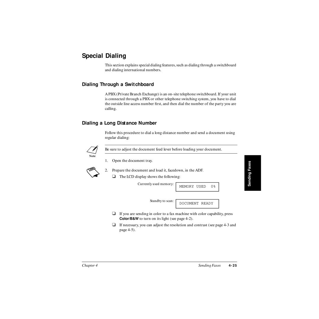 Canon MP-C545 user manual Special Dialing, Dialing Through a Switchboard, Dialing a Long Distance Number 