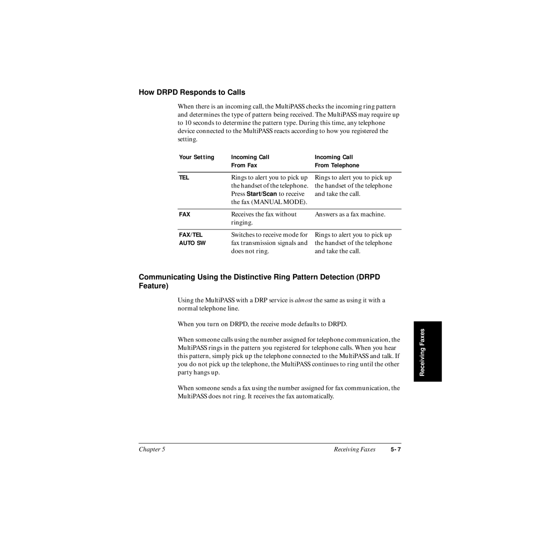 Canon MP-C545 user manual How Drpd Responds to Calls, Your Setting Incoming Call From Fax From Telephone 