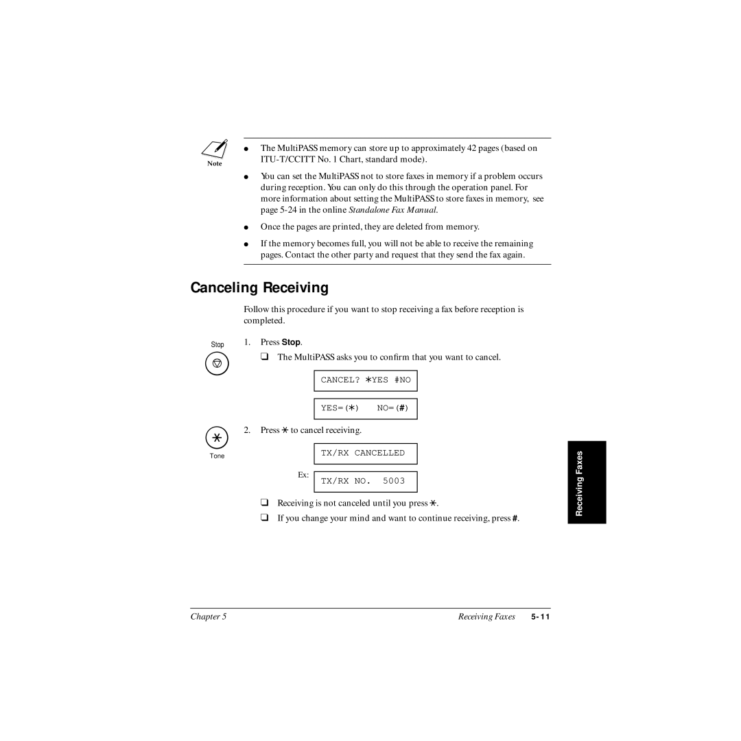 Canon MP-C545 user manual Canceling Receiving 