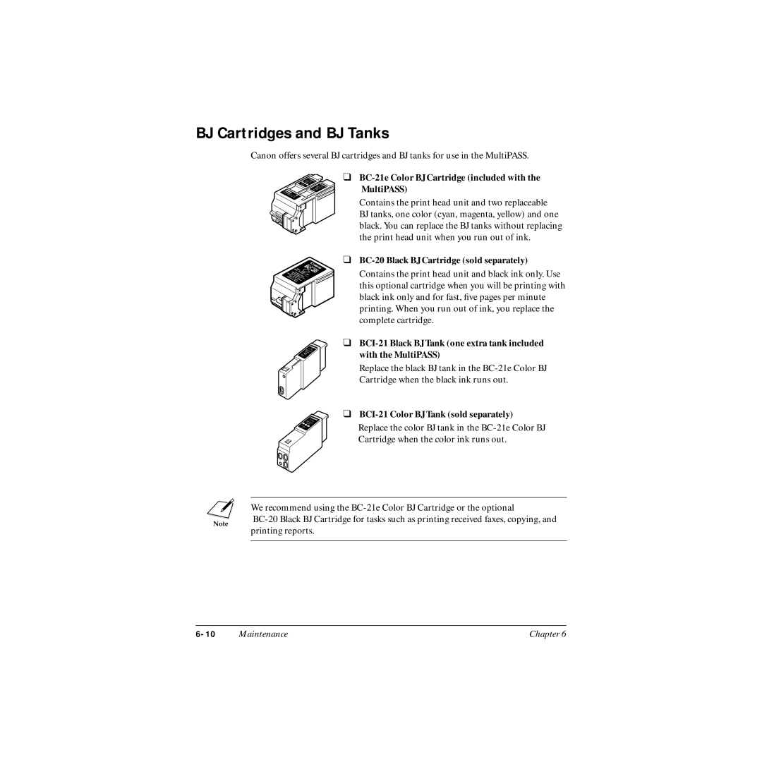 Canon MP-C545 user manual BJ Cartridges and BJ Tanks, BC-21e Color BJ Cartridge included with the MultiPASS 