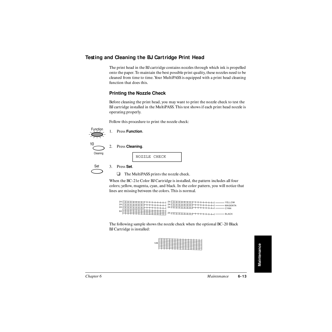 Canon MP-C545 user manual Testing and Cleaning the BJ Cartridge Print Head, Printing the Nozzle Check 