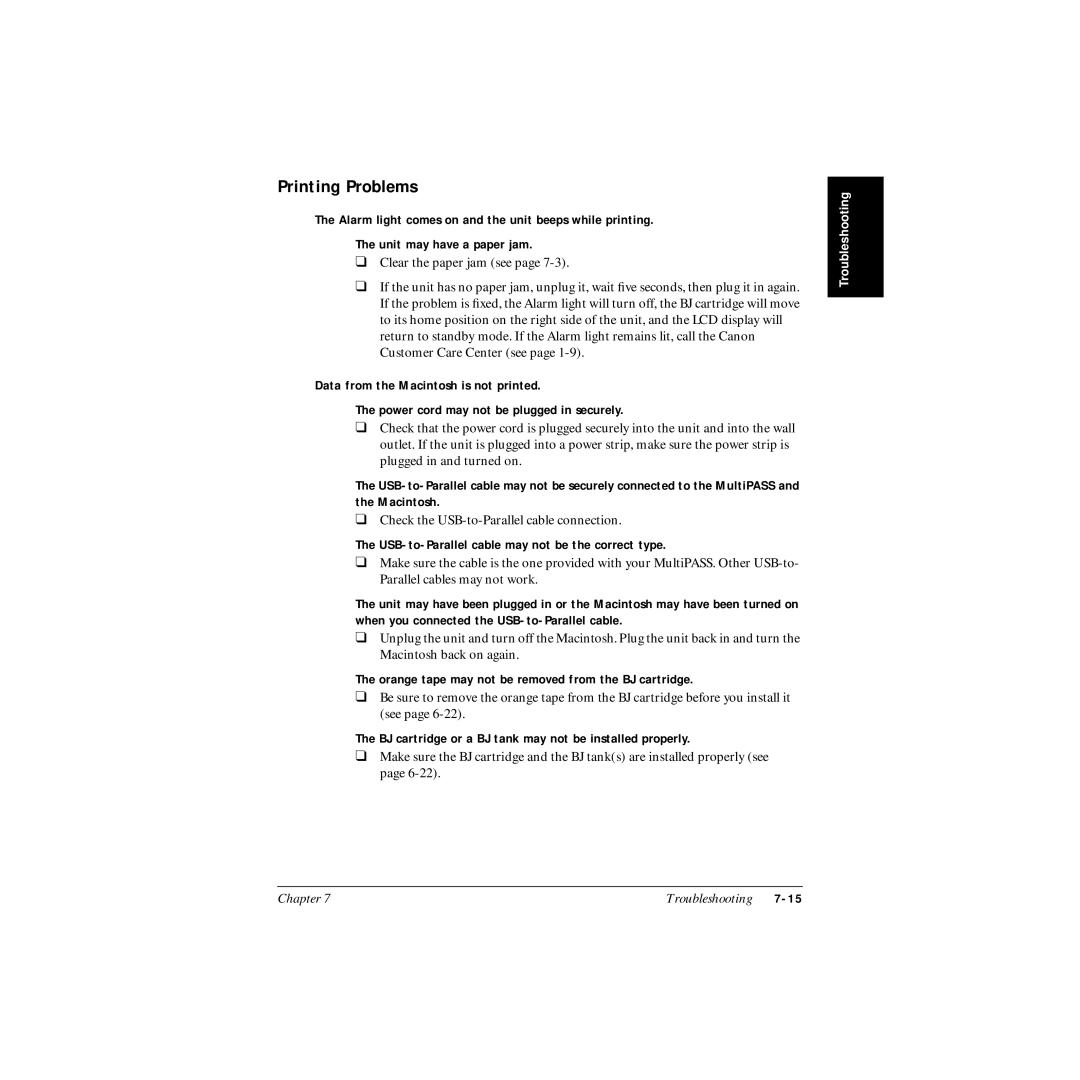 Canon MP-C545 user manual Printing Problems, USB-to-Parallel cable may not be the correct type 