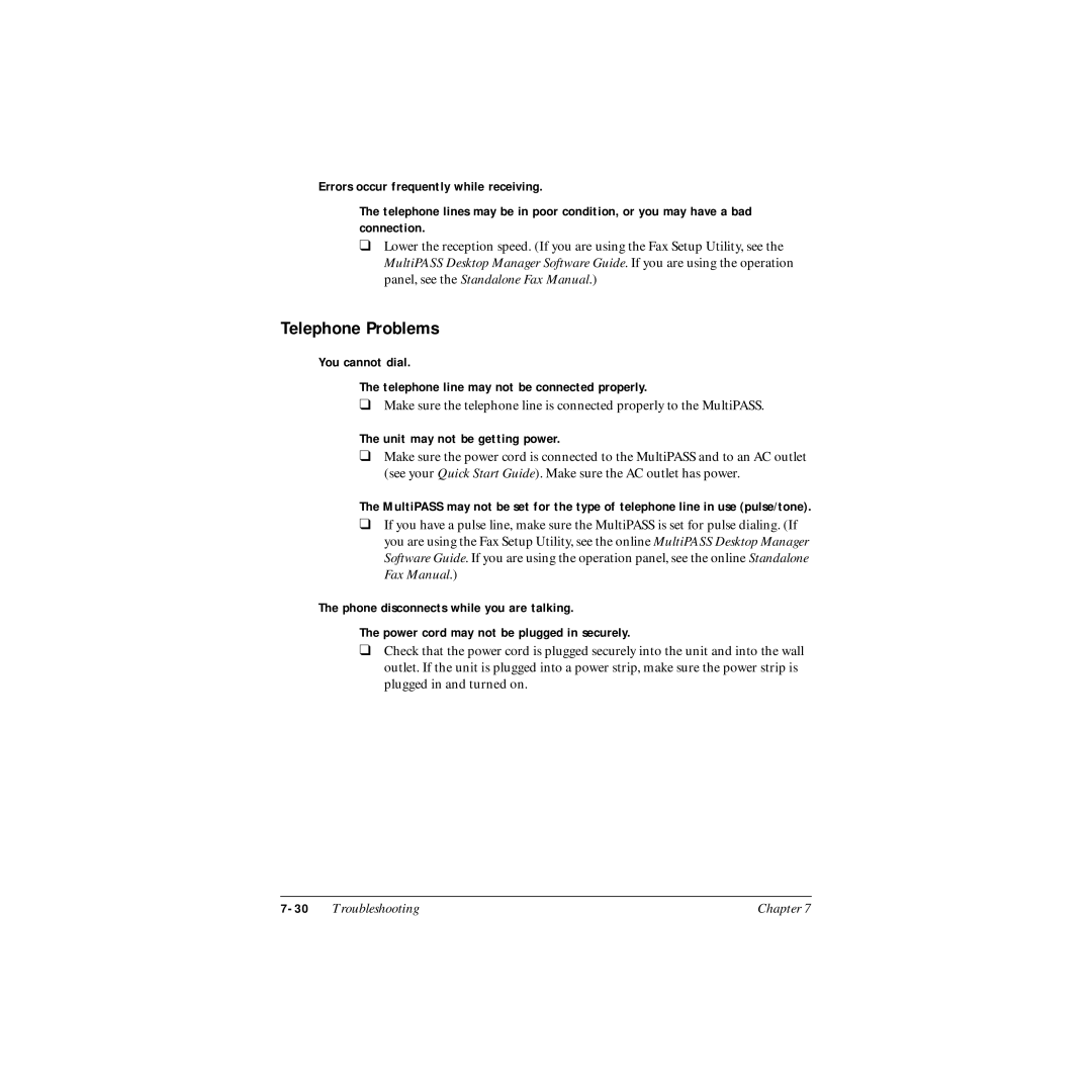 Canon MP-C545 user manual Telephone Problems, Unit may not be getting power 