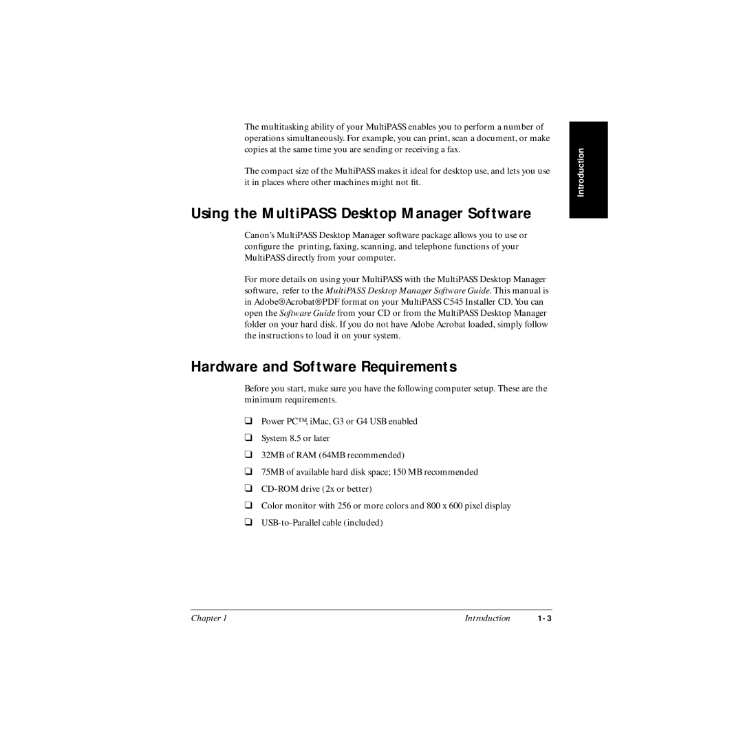 Canon MP-C545 user manual Hardware and Software Requirements, Using the MultiPASS Desktop Manager Software 