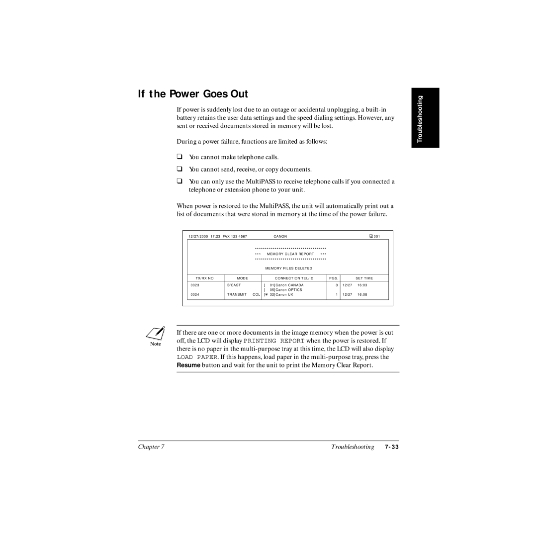 Canon MP-C545 user manual If the Power Goes Out 