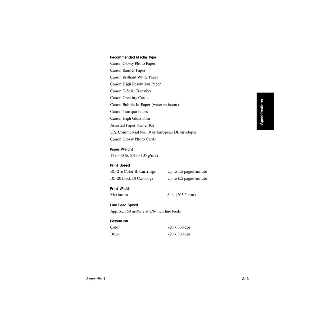 Canon MP-C545 user manual Recommended Media Type, Paper Weight, Print Speed, Print Width, Line Feed Speed, Resolution 