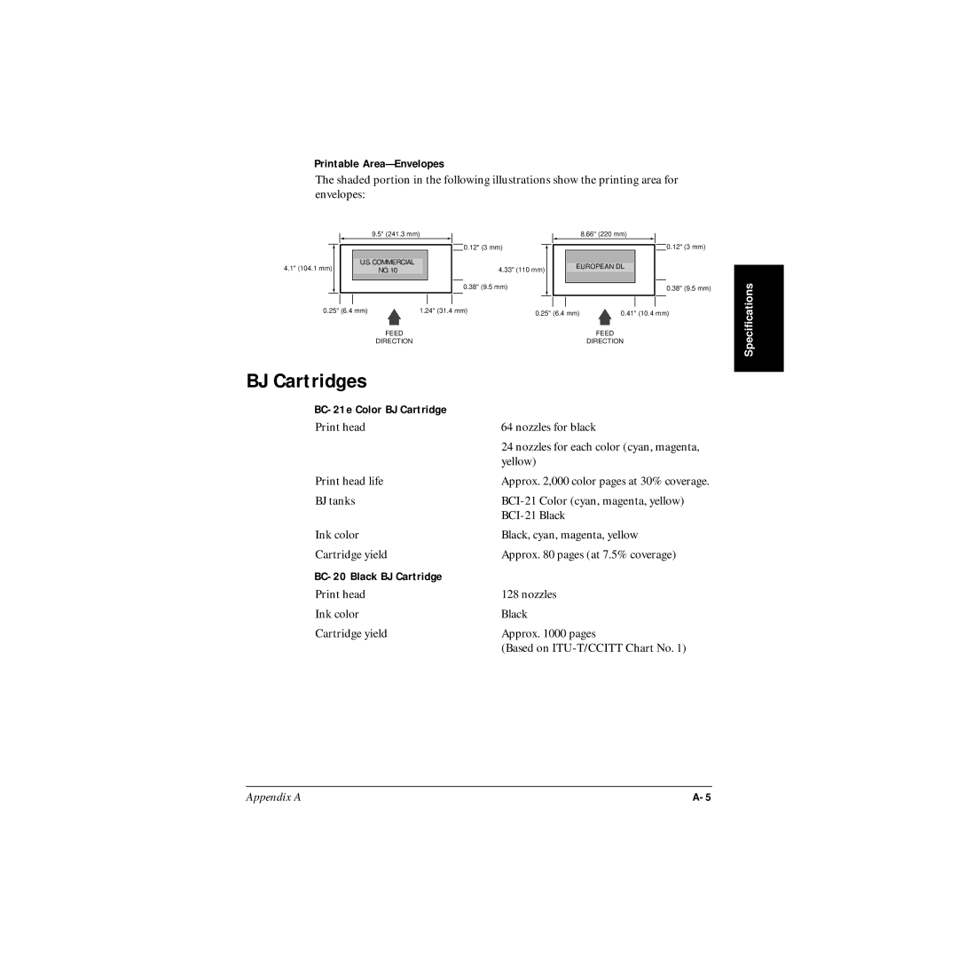 Canon MP-C545 user manual BJ Cartridges, Printable Area-Envelopes, BC-21e Color BJ Cartridge, BC-20 Black BJ Cartridge 