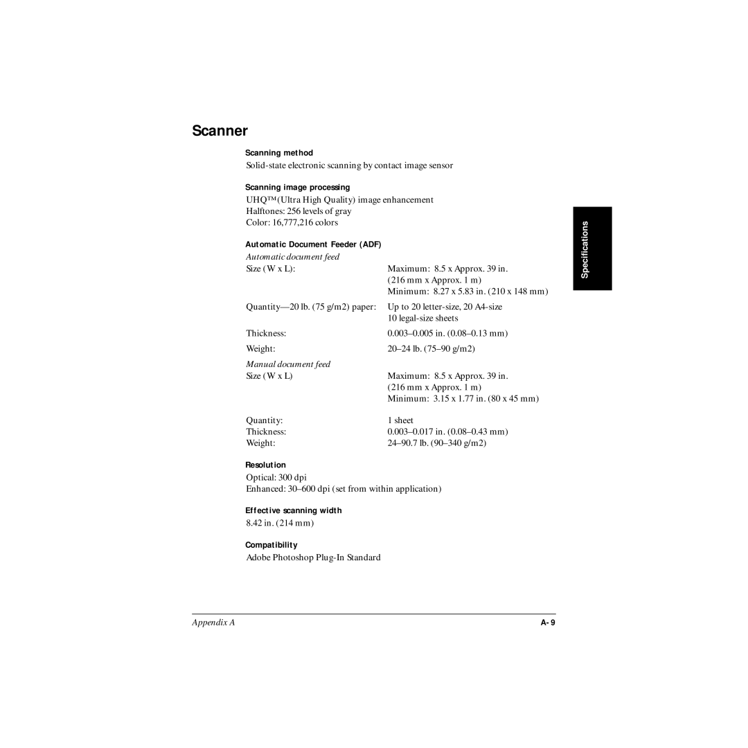 Canon MP-C545 user manual Scanner, Scanning method, Scanning image processing, Effective scanning width Compatibility 