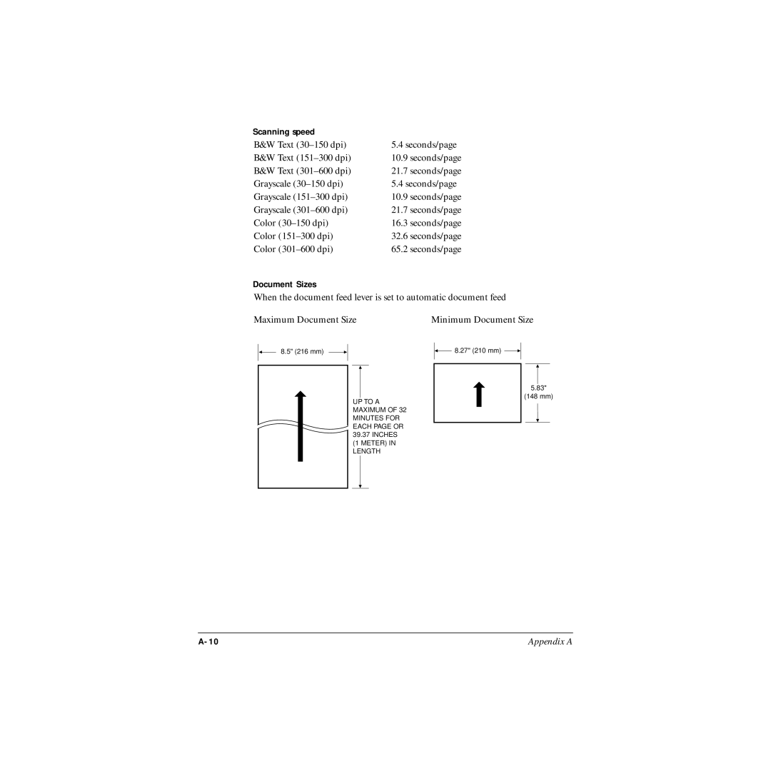 Canon MP-C545 user manual Scanning speed, Document Sizes 