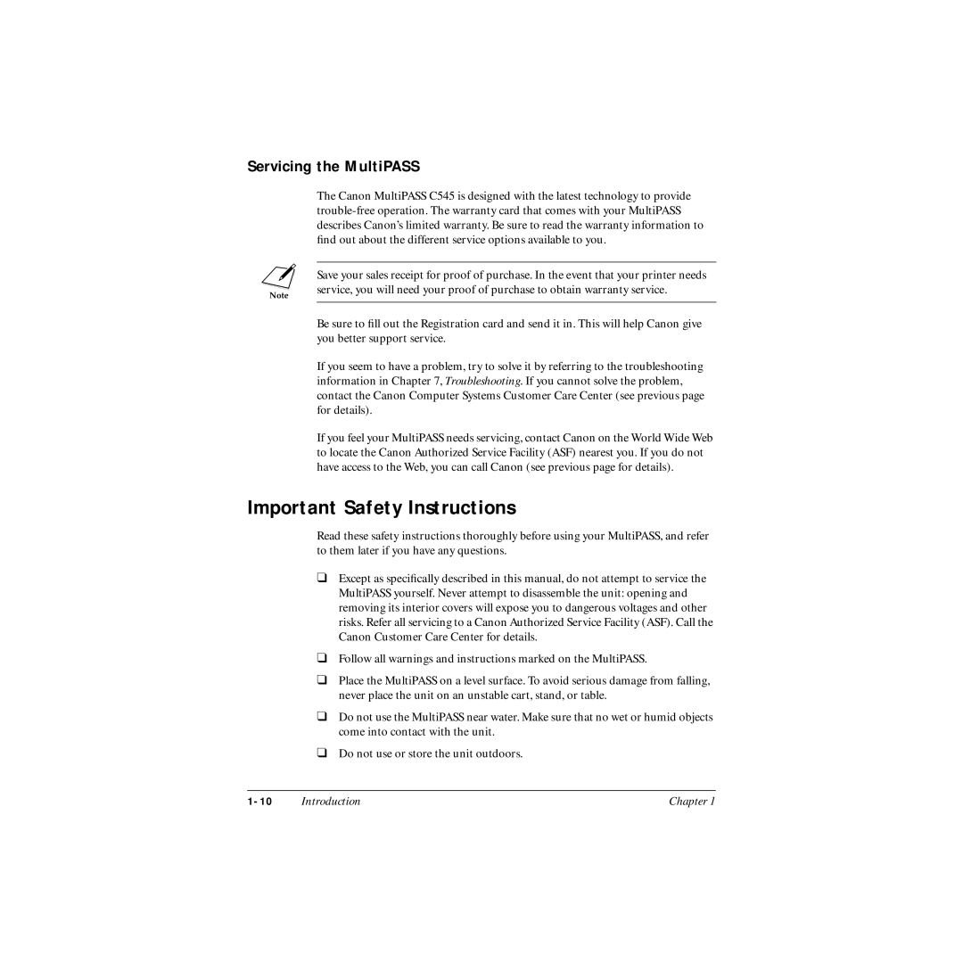 Canon MP-C545 user manual Important Safety Instructions, Servicing the MultiPASS 