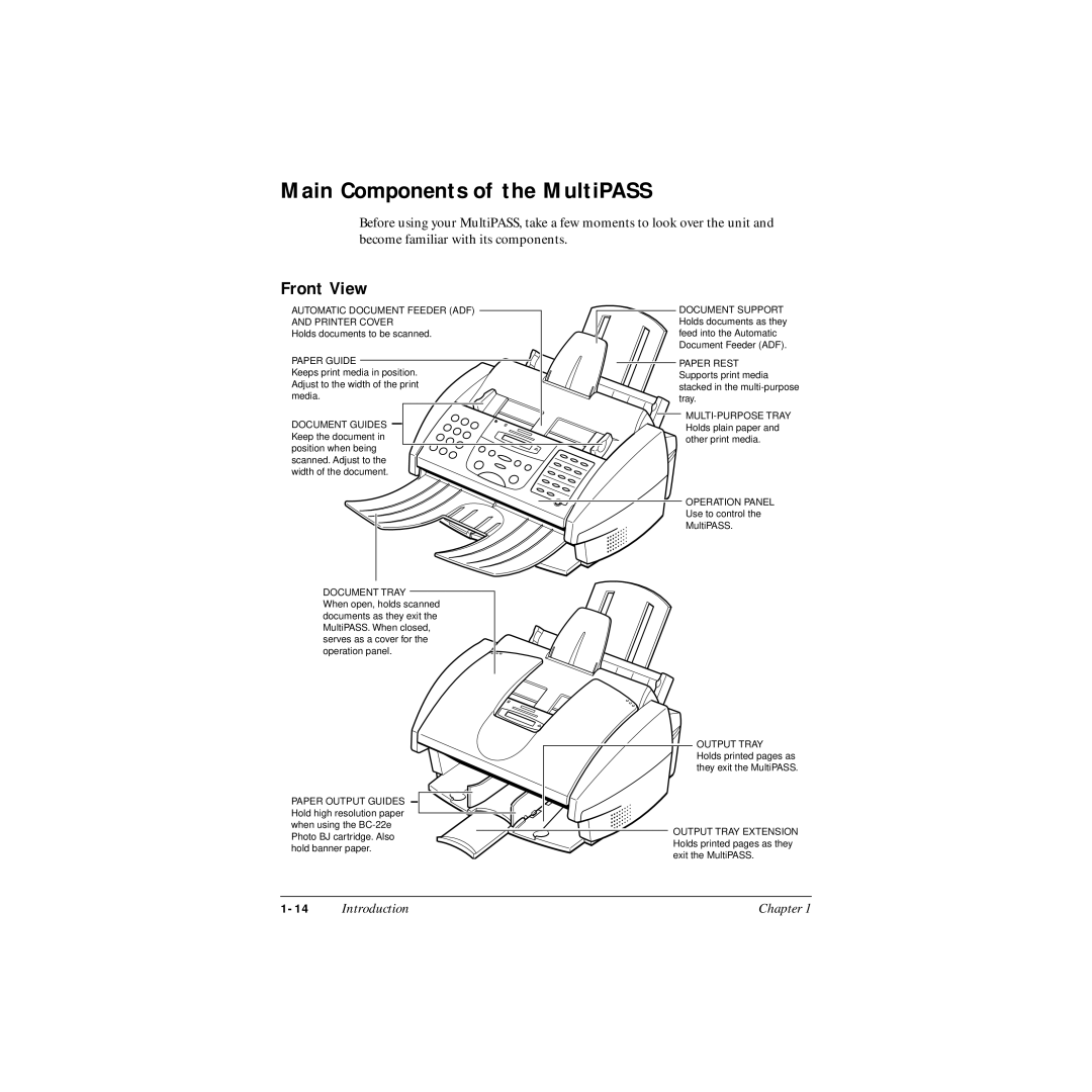 Canon MP-C545 user manual Main Components of the MultiPASS, Front View 