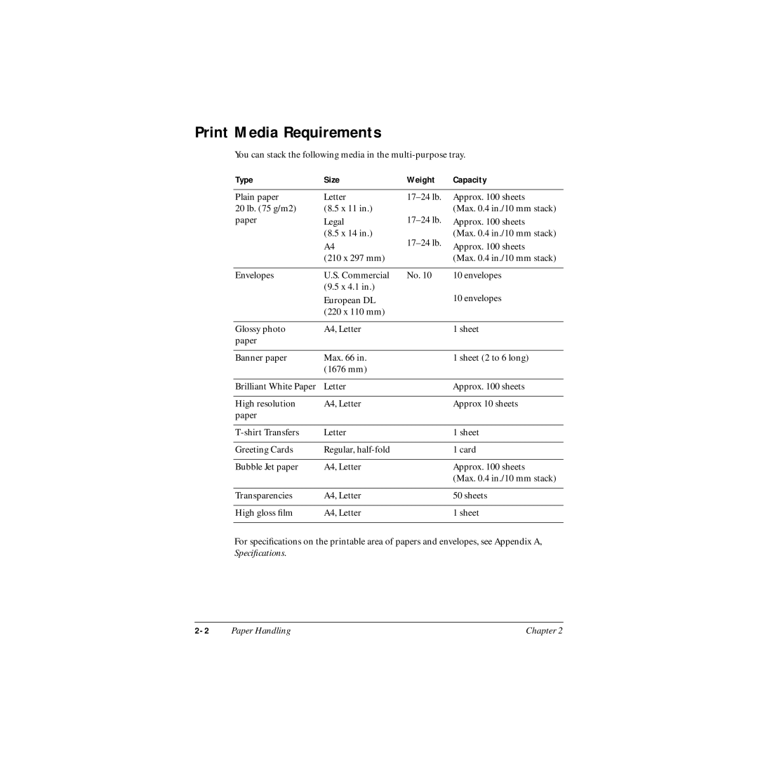 Canon MP-C545 user manual Print Media Requirements, Type Size Weight Capacity 