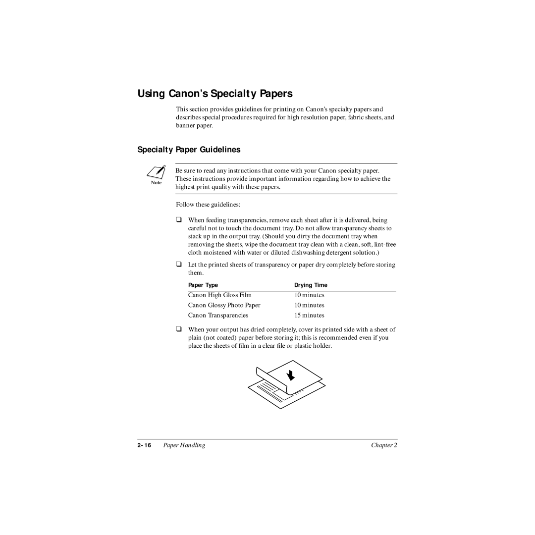 Canon MP-C545 user manual Using Canon’s Specialty Papers, Specialty Paper Guidelines, Paper Type Drying Time 