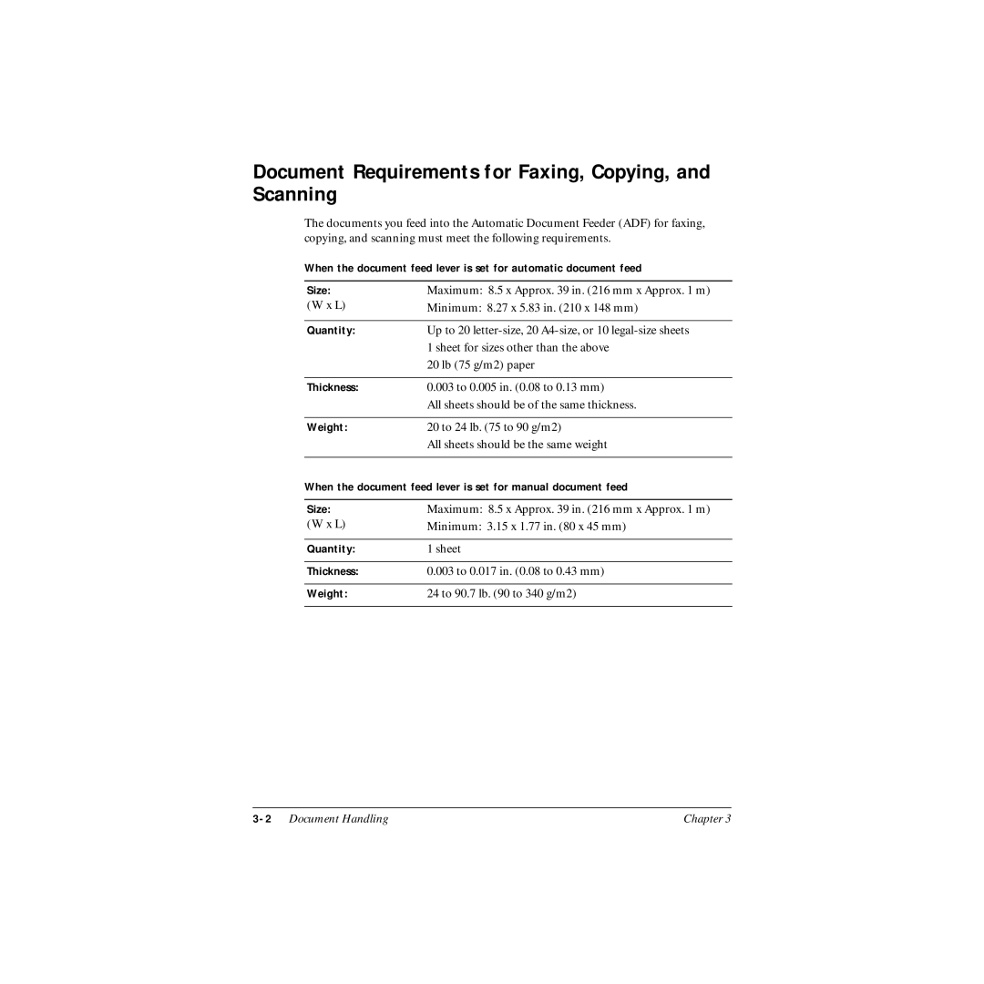 Canon MP-C545 user manual Document Requirements for Faxing, Copying, and Scanning, Quantity Thickness Weight 