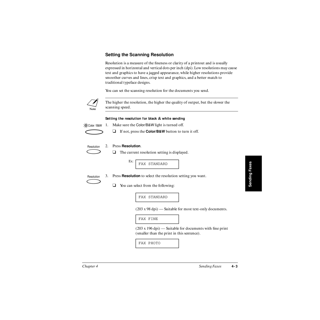 Canon MP-C545 user manual Setting the Scanning Resolution, Setting the resolution for black & white sending 