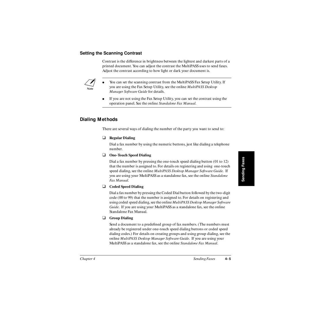 Canon MP-C545 user manual Dialing Methods, Setting the Scanning Contrast 