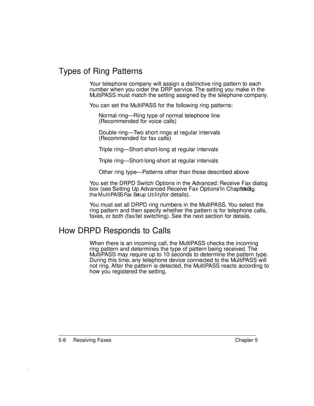 Canon MP-C635 user manual Types of Ring Patterns, How Drpd Responds to Calls 