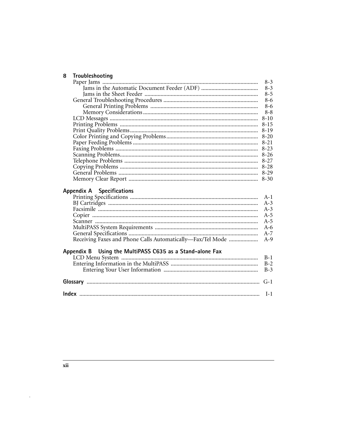 Canon MP-C635 Troubleshooting, Appendix a Specifications, Appendix B Using the MultiPASS C635 as a Stand-alone Fax 