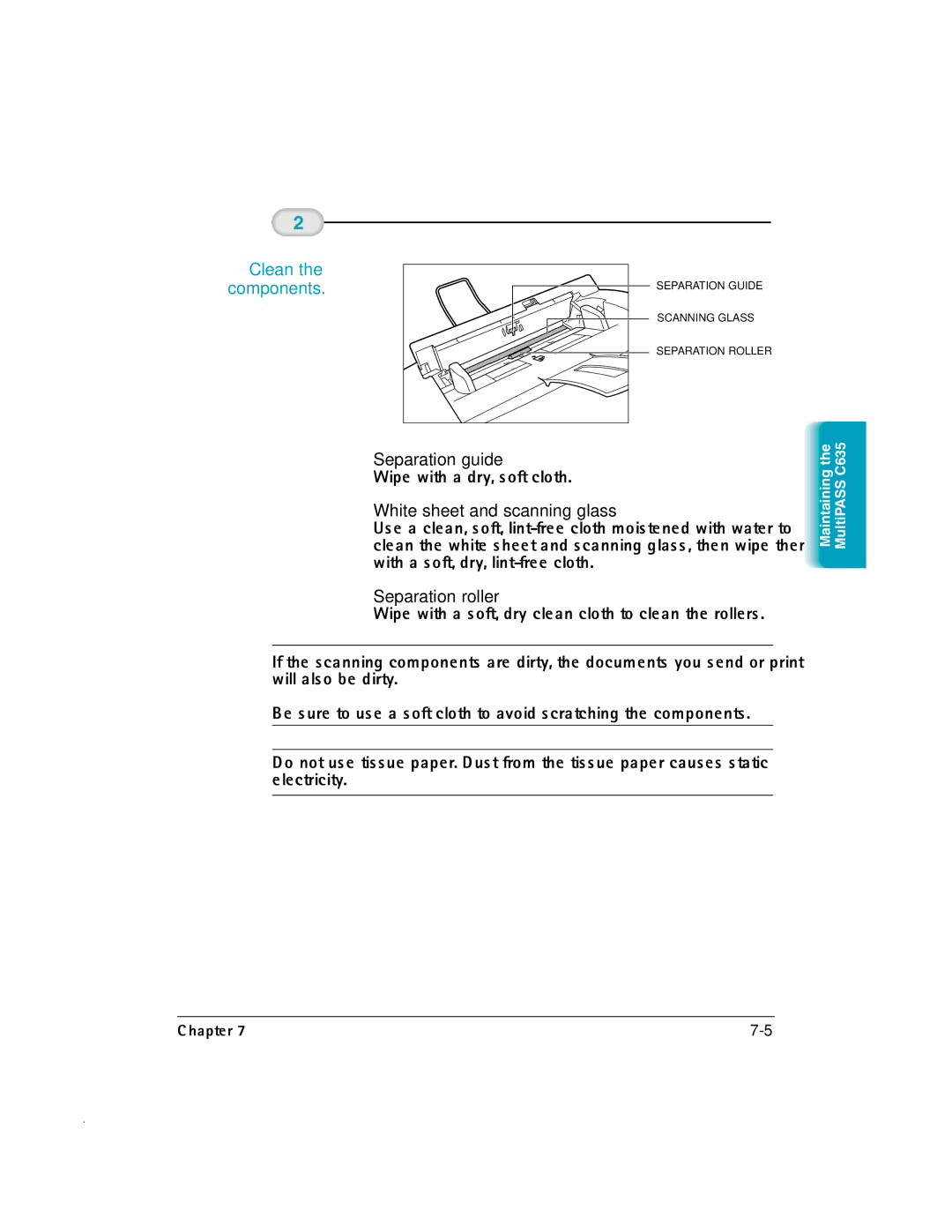 Canon MP-C635 user manual Separation guide, White sheet and scanning glass, Separation roller 