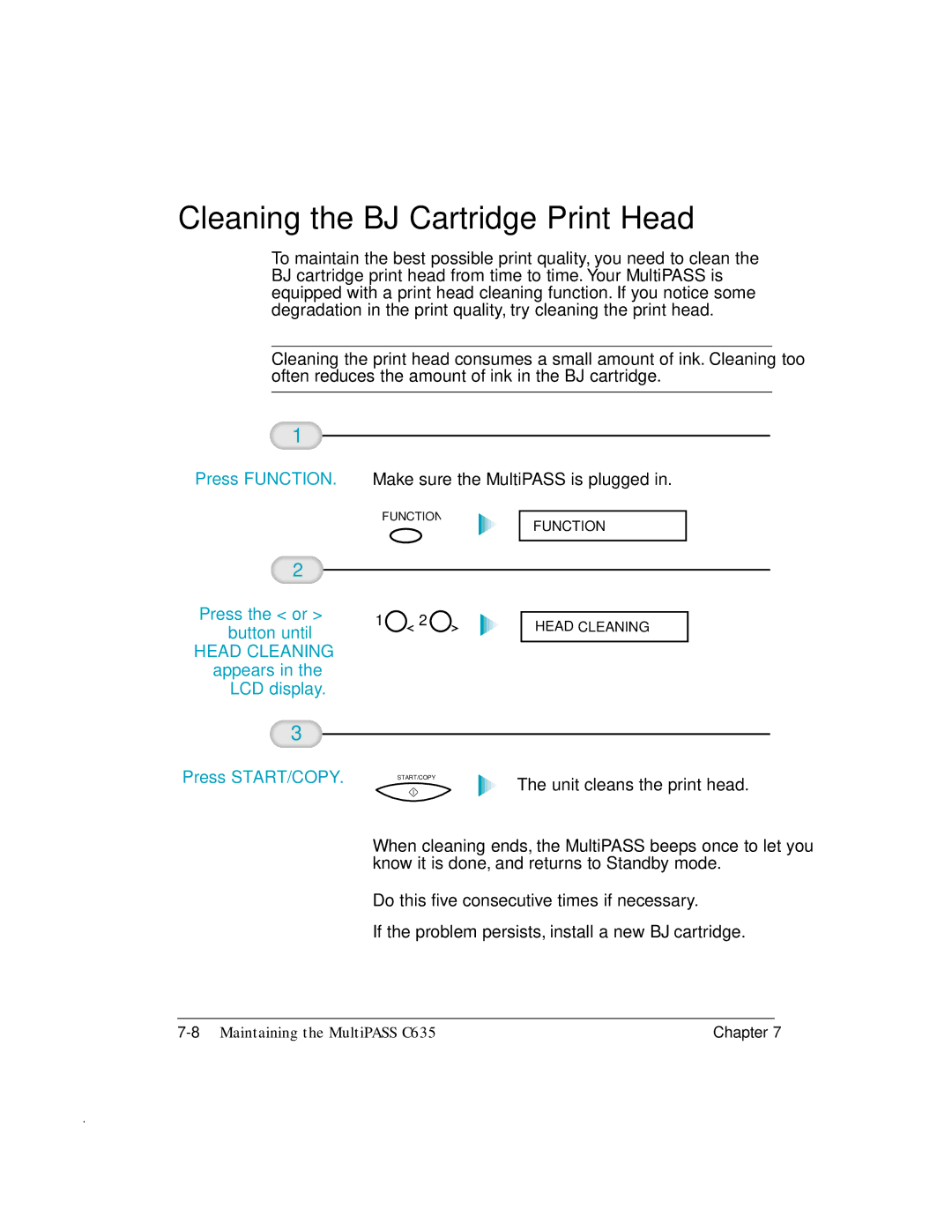 Canon MP-C635 user manual Cleaning the BJ Cartridge Print Head, Press the or Button until 