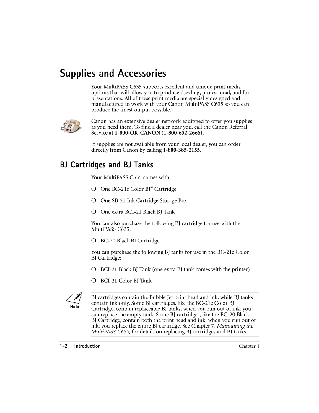 Canon MP-C635 user manual Supplies and Accessories, BJ Cartridges and BJ Tanks 