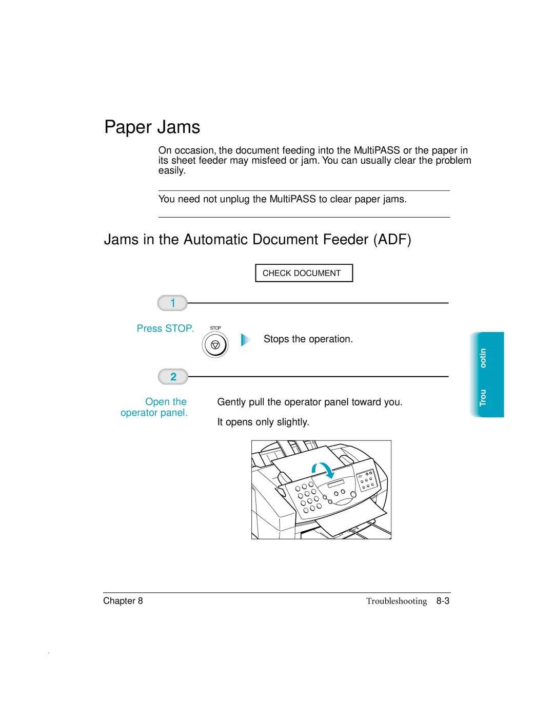 Canon MP-C635 user manual Paper Jams, Jams in the Automatic Document Feeder ADF, Press Stop, Operator panel 