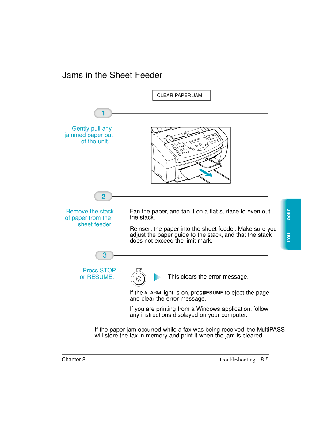 Canon MP-C635 user manual Jams in the Sheet Feeder, Gently pull any jammed paper out of the unit 