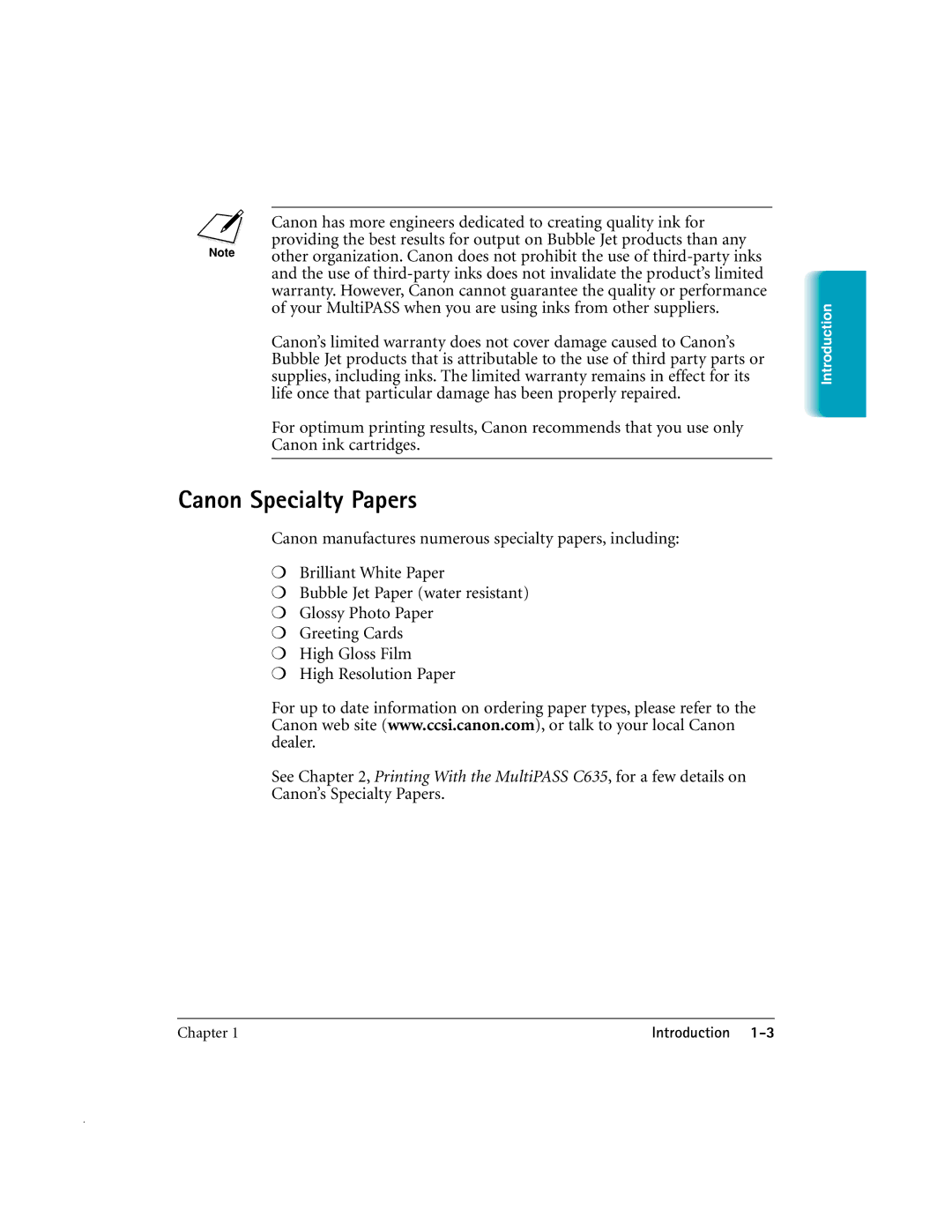 Canon MP-C635 user manual Canon Specialty Papers 