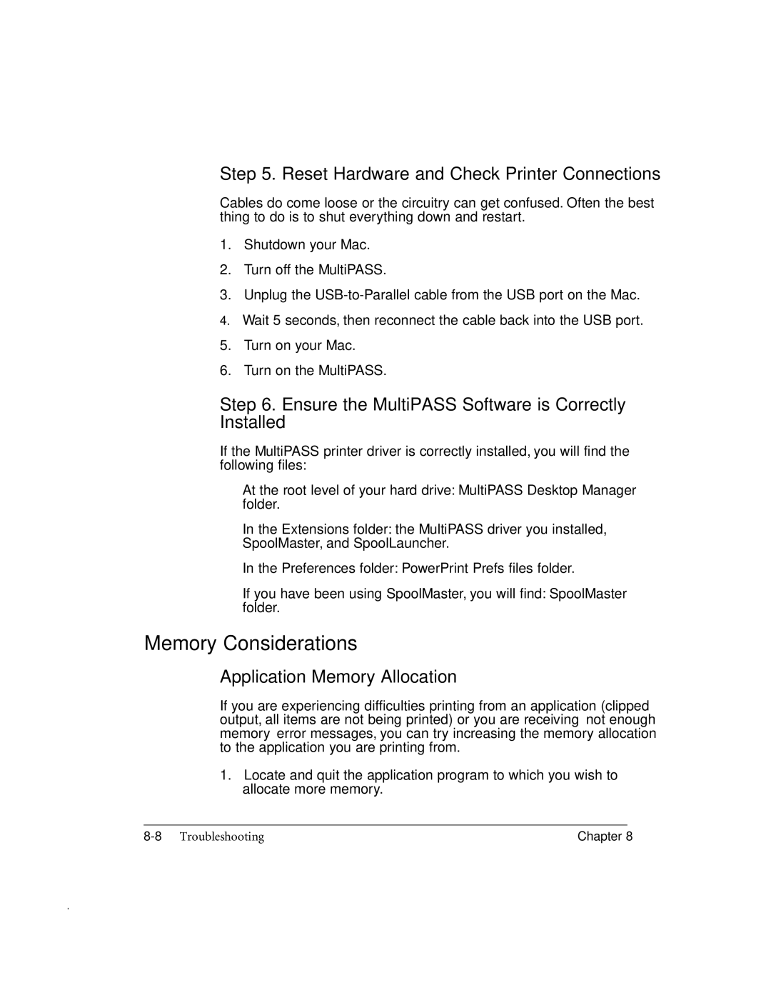 Canon MP-C635 Memory Considerations, Reset Hardware and Check Printer Connections, Application Memory Allocation 