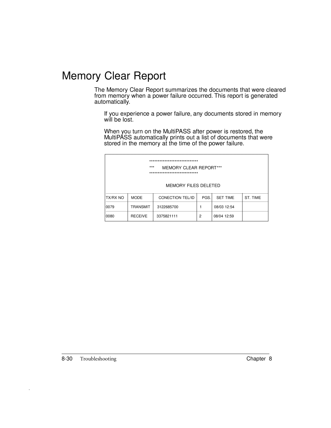 Canon MP-C635 user manual Memory Clear Report, Memory Files Deleted 