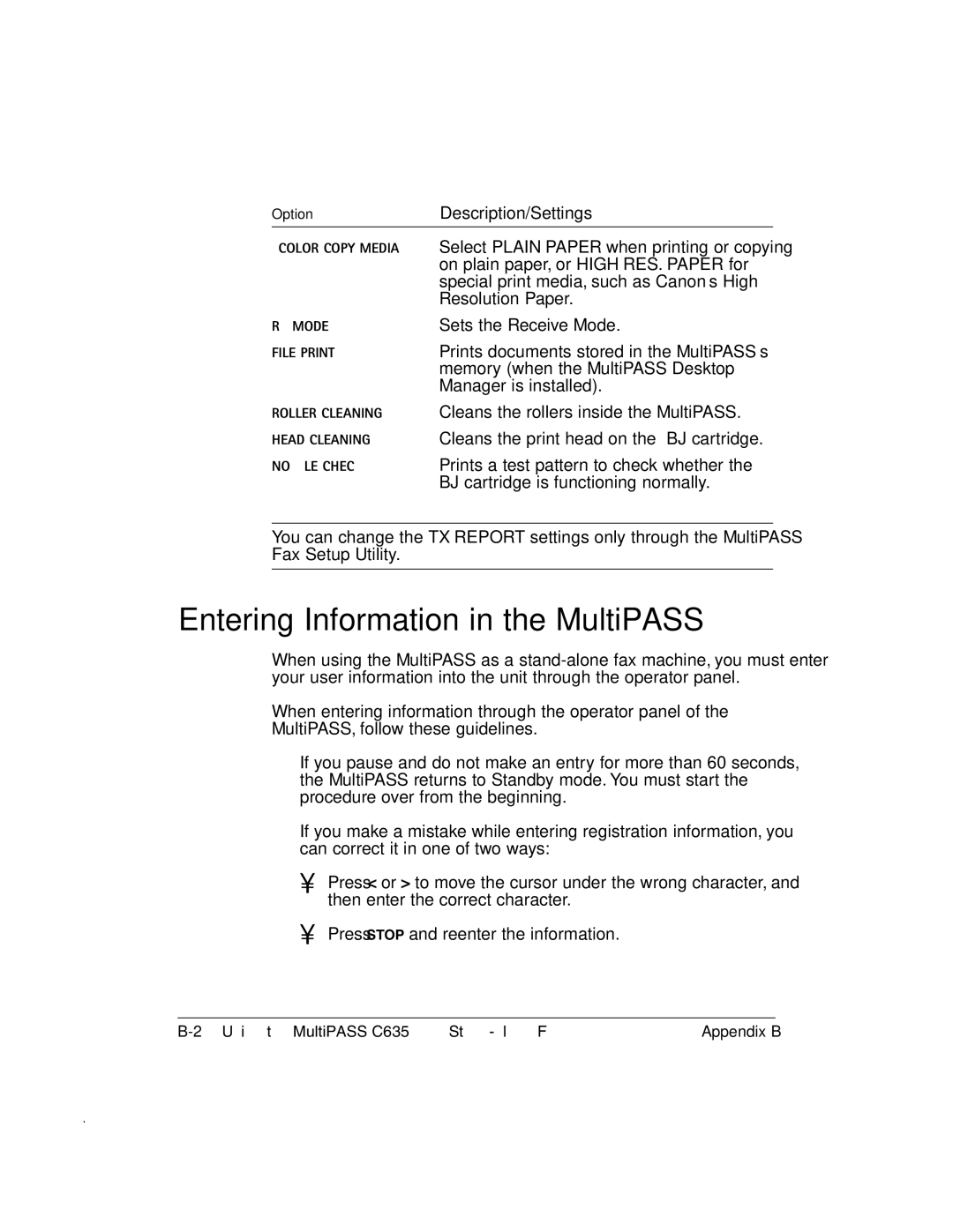 Canon MP-C635 user manual Entering Information in the MultiPASS, OptionDescription/Settings 