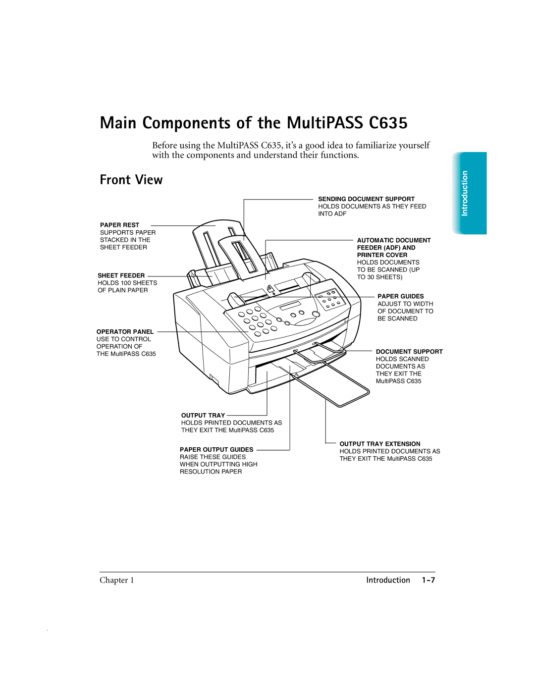 Canon MP-C635 user manual Main Components of the MultiPASS C635, Front View 