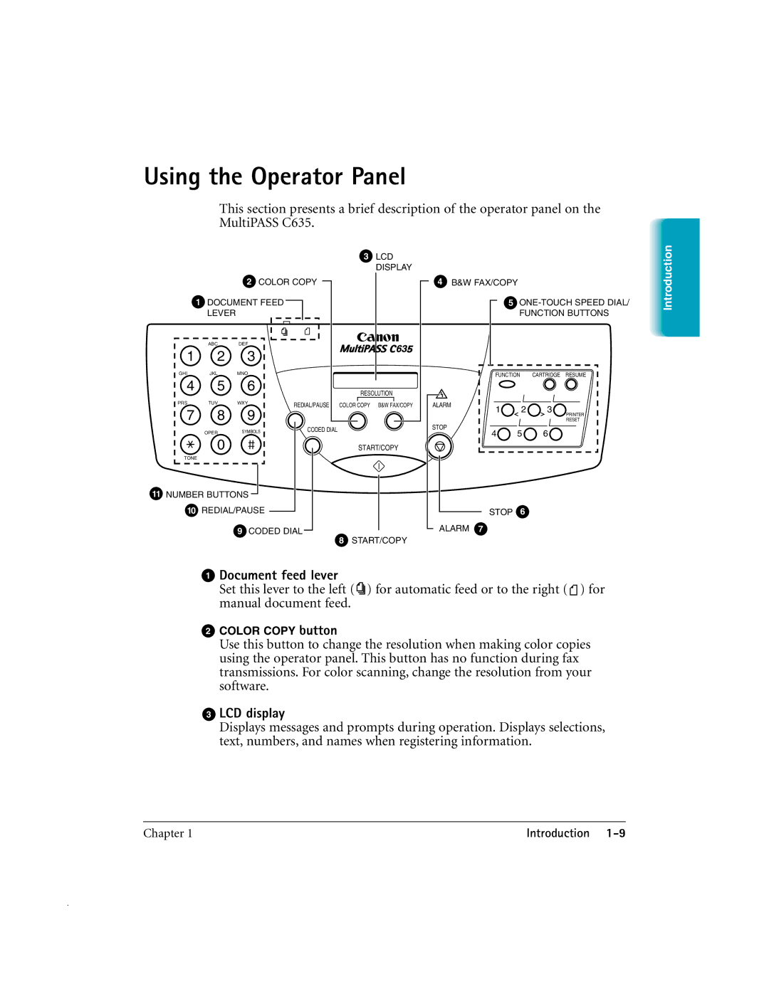 Canon MP-C635 user manual Using the Operator Panel, Document feed lever, LCD display 