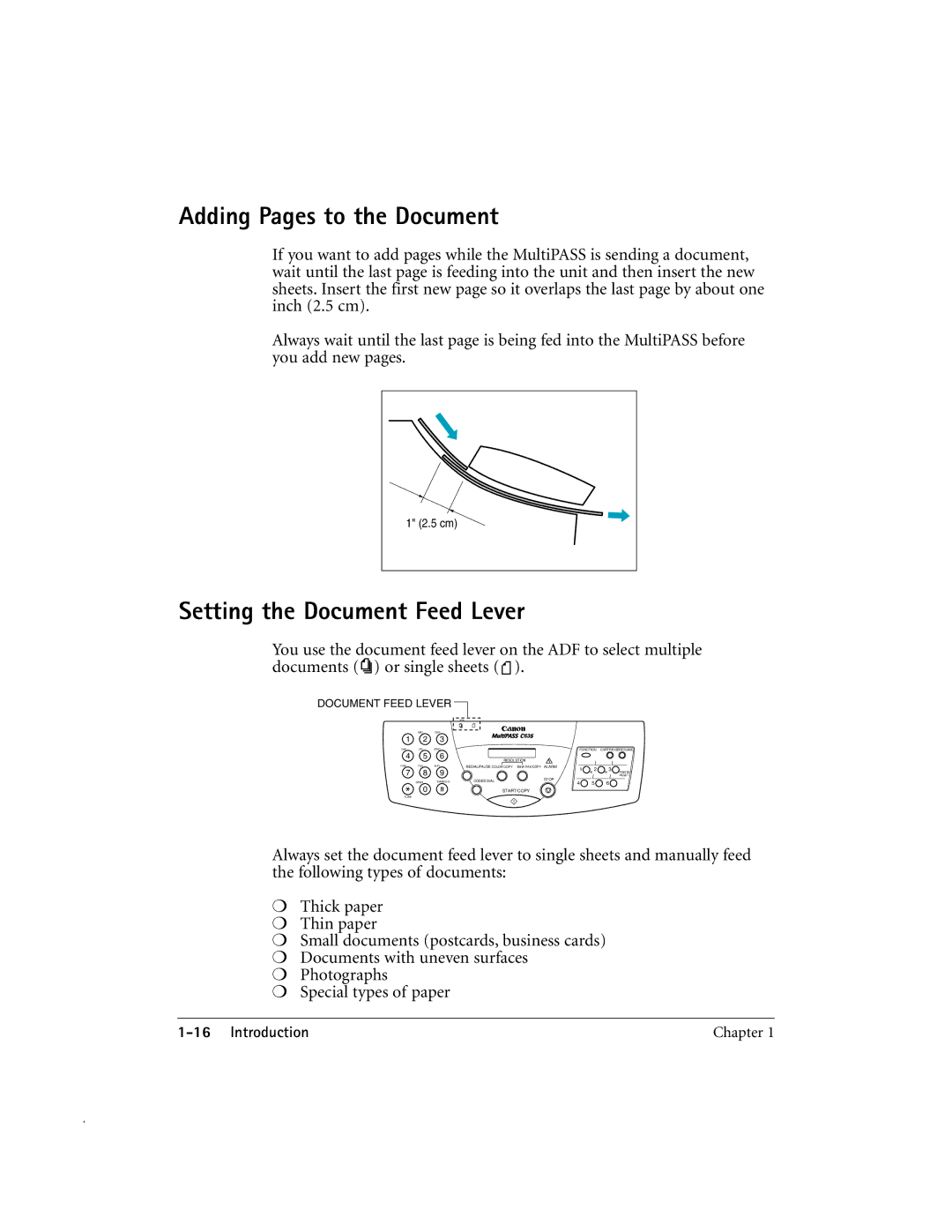 Canon MP-C635 user manual Adding Pages to the Document, Setting the Document Feed Lever 