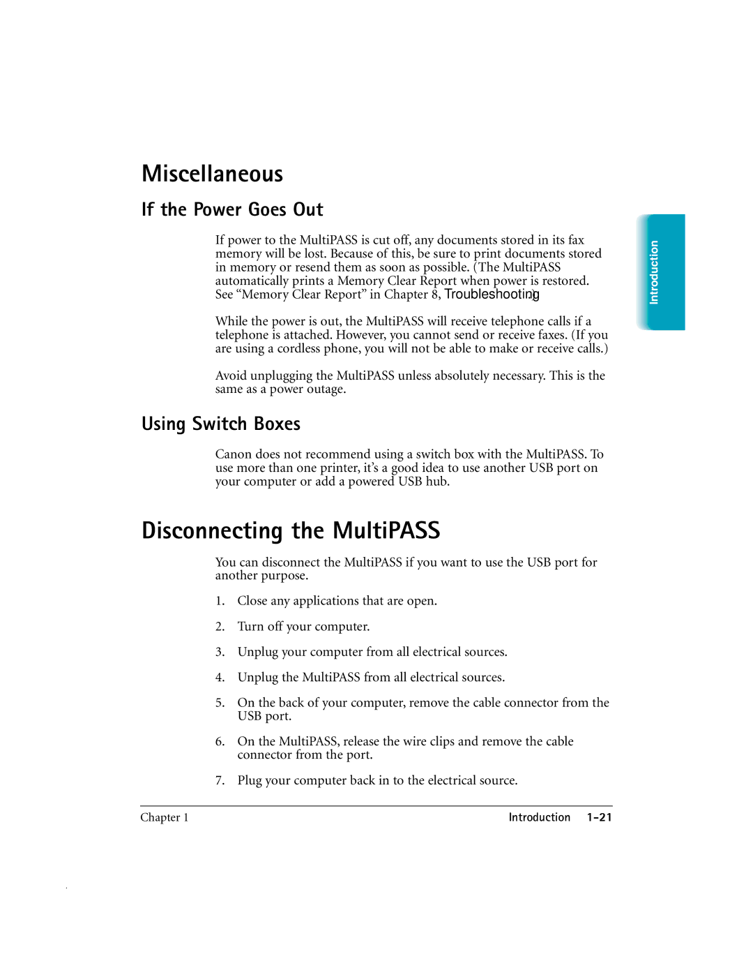 Canon MP-C635 user manual Miscellaneous, Disconnecting the MultiPASS, If the Power Goes Out, Using Switch Boxes 