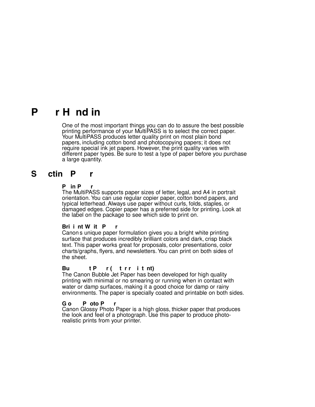 Canon MP-C635 user manual Paper Handling, Selecting Paper 