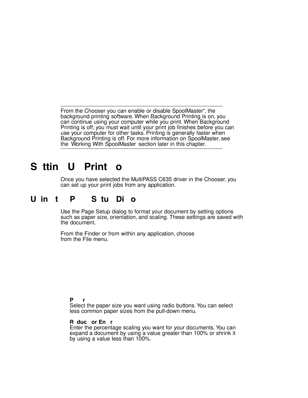 Canon MP-C635 user manual Setting Up Print Jobs, Using the Page Setup Dialog, Paper, Reduce or Enlarge 