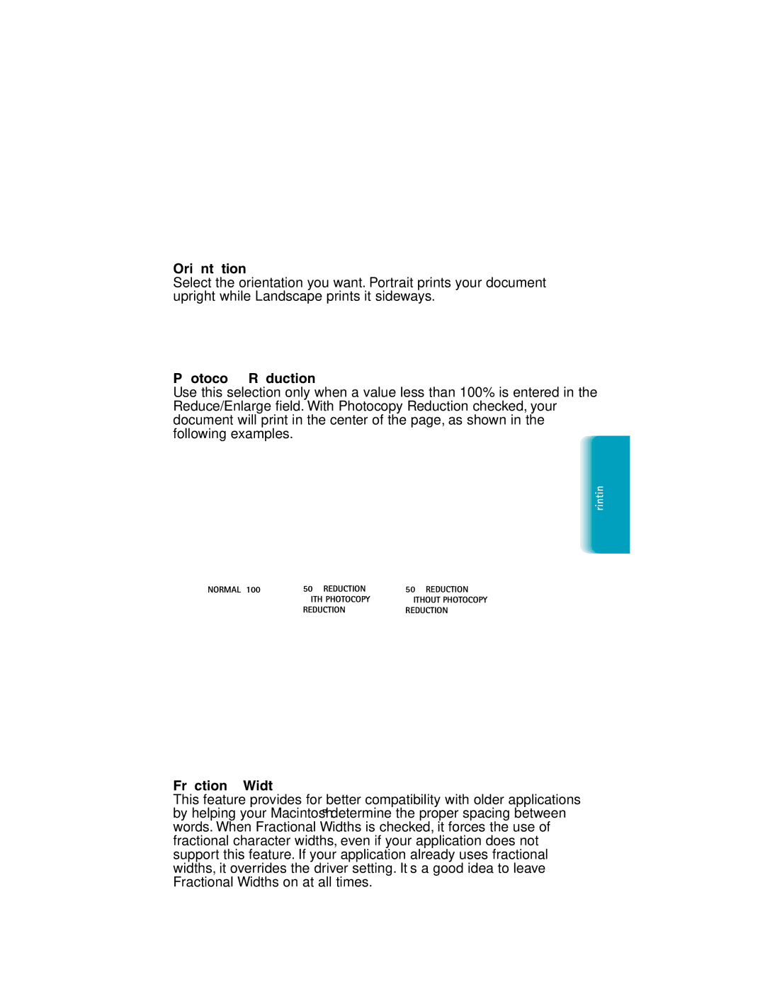 Canon MP-C635 user manual Orientation, Photocopy Reduction, Fractional Widths 