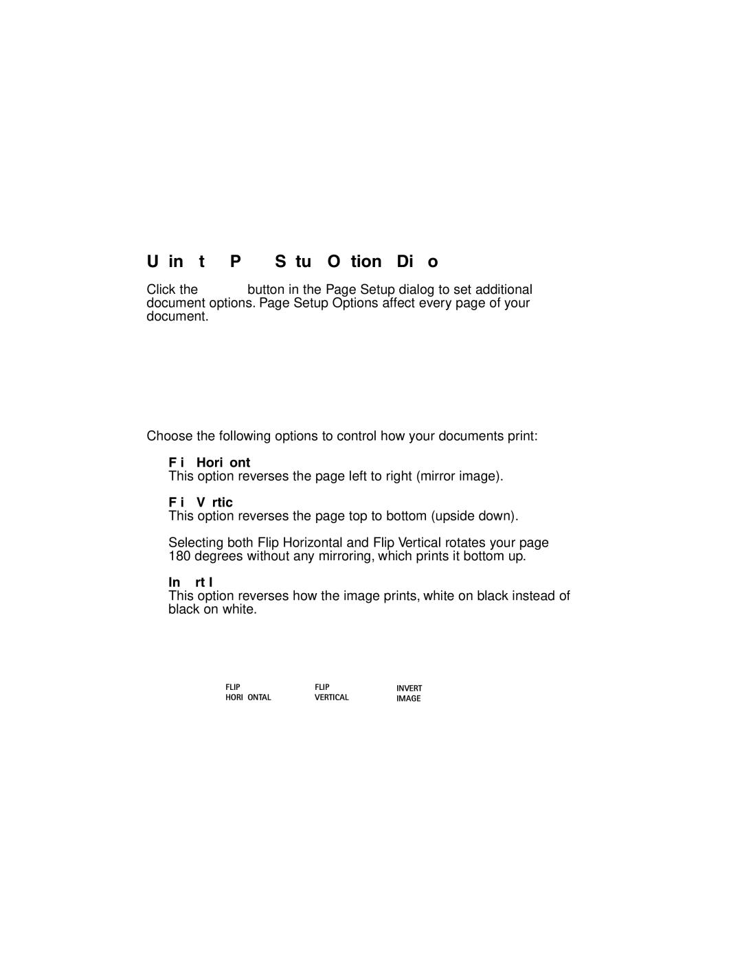 Canon MP-C635 user manual Using the Page Setup Options Dialog, Flip Horizontal, Flip Vertical, Invert Image 