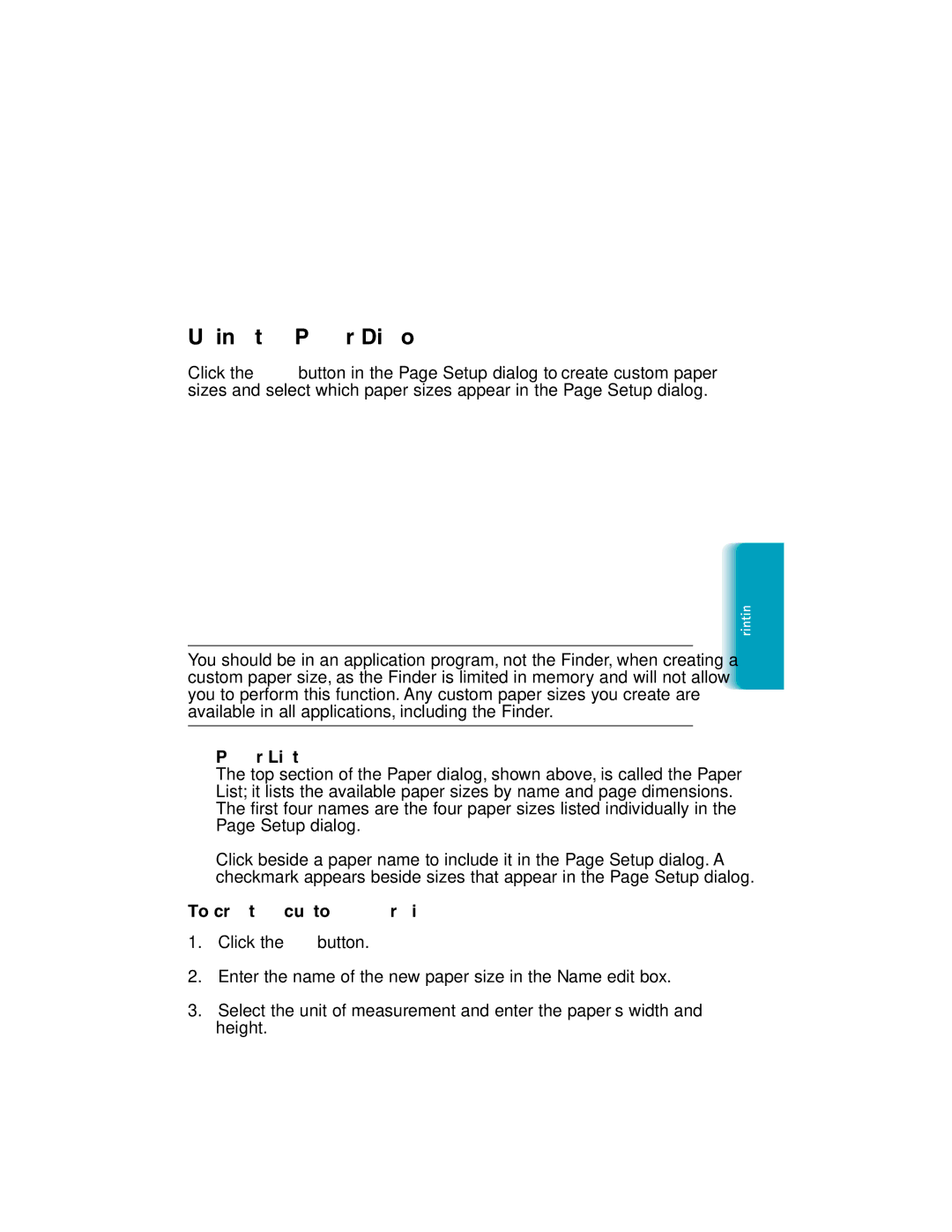 Canon MP-C635 user manual Using the Paper Dialog, Paper List, To create a custom paper size 