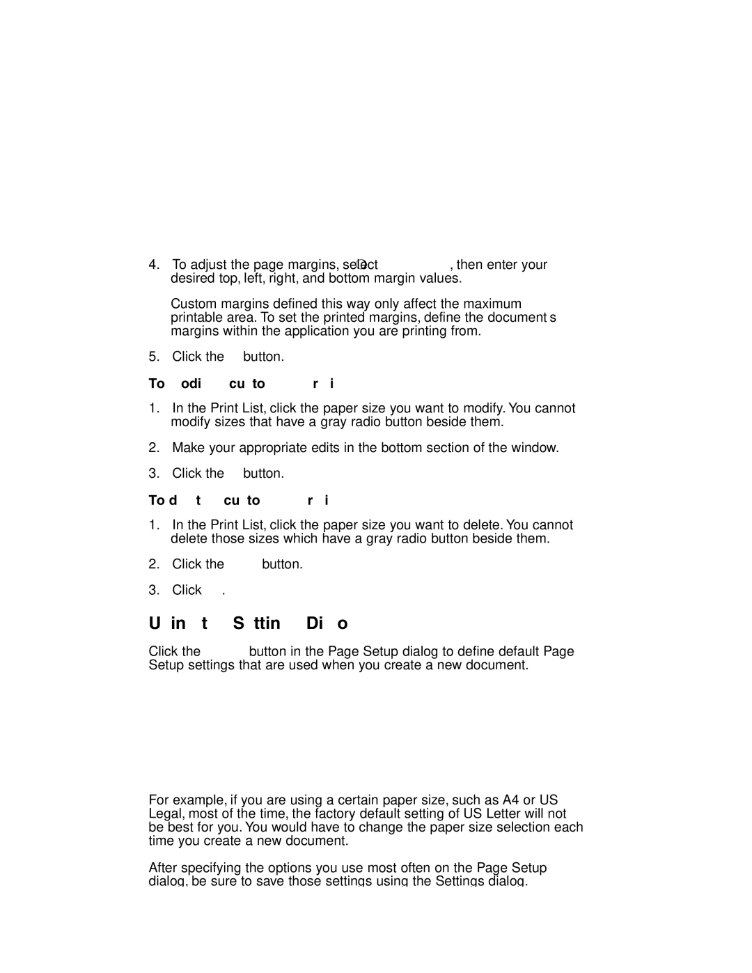 Canon MP-C635 user manual Using the Settings Dialog, To modify a custom paper size, To delete a custom paper size 