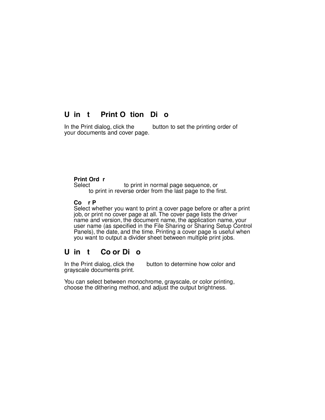 Canon MP-C635 user manual Using the Print Options Dialog, Using the Color Dialog, Print Order, Cover 