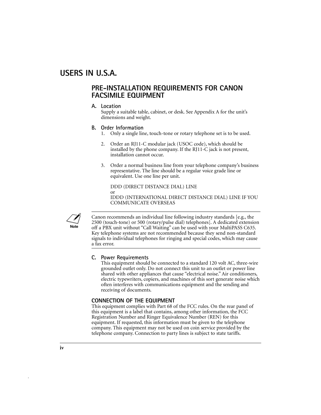 Canon MP-C635 user manual Location, Order Information, Power Requirements 