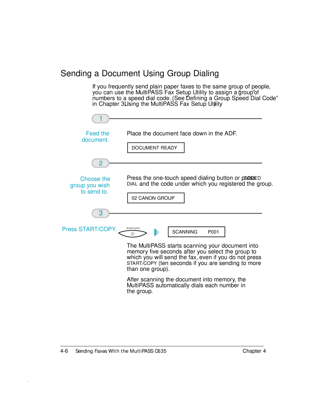 Canon MP-C635 user manual Sending a Document Using Group Dialing, Feed 