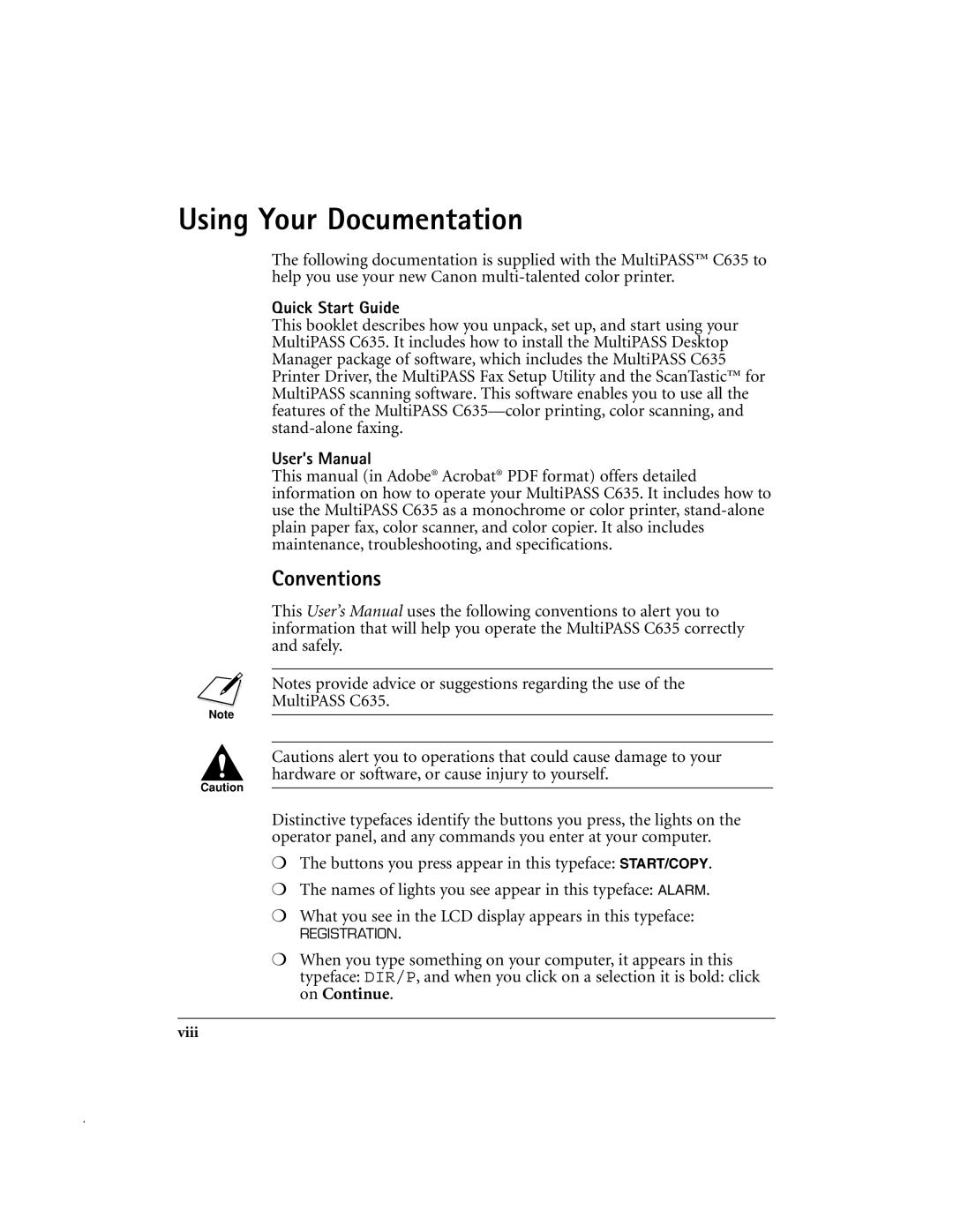 Canon MP-C635 user manual Using Your Documentation, Conventions, Quick Start Guide, User’s Manual 