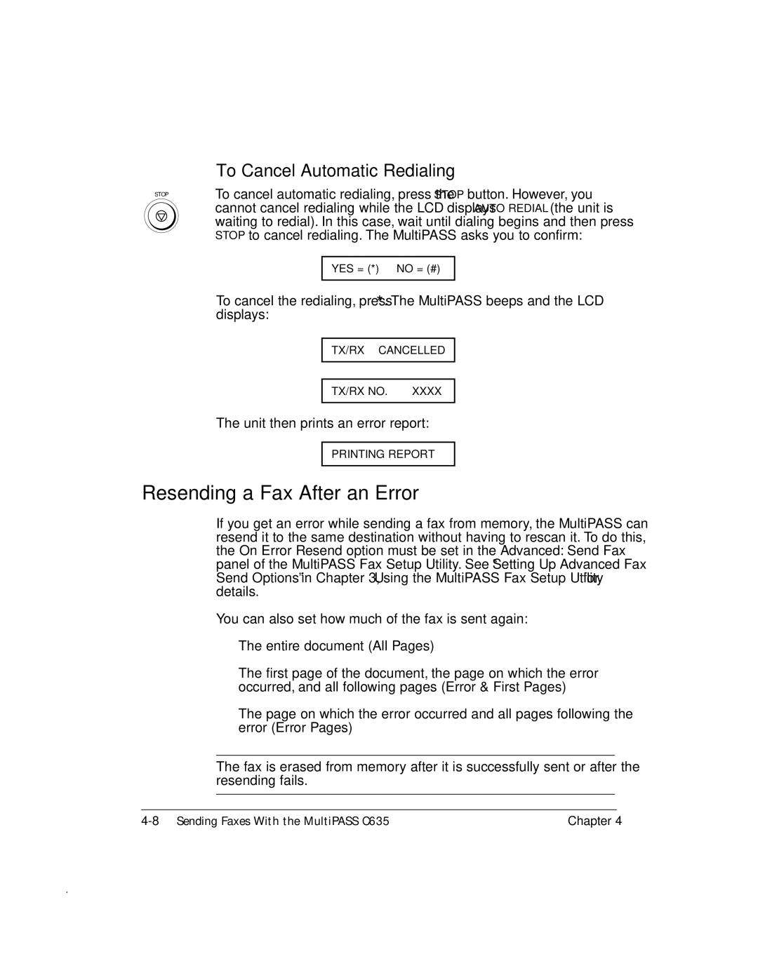 Canon MP-C635 user manual Resending a Fax After an Error, To Cancel Automatic Redialing 