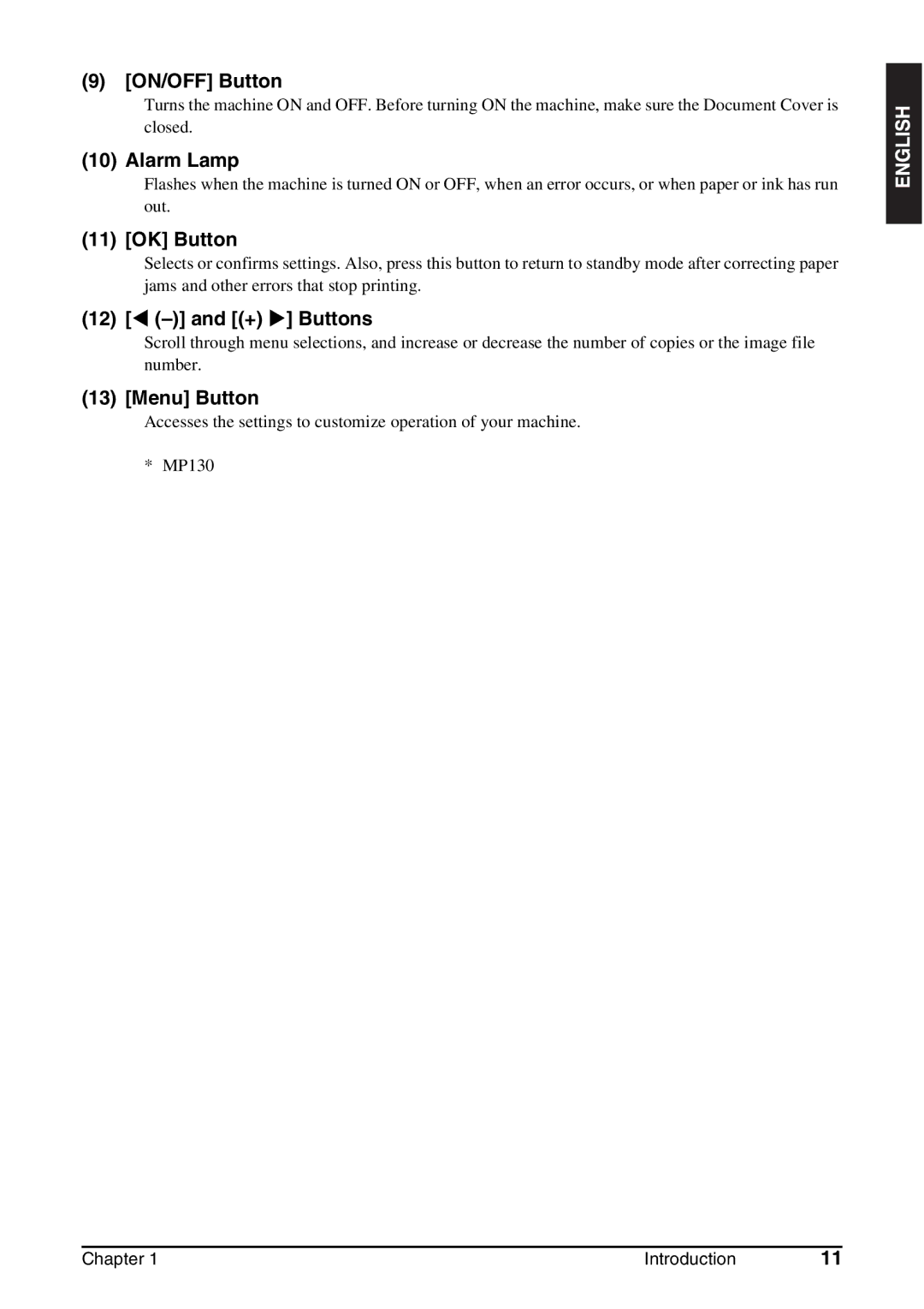 Canon MP130 manual ON/OFF Button, Alarm Lamp, OK Button, + X Buttons, Menu Button 