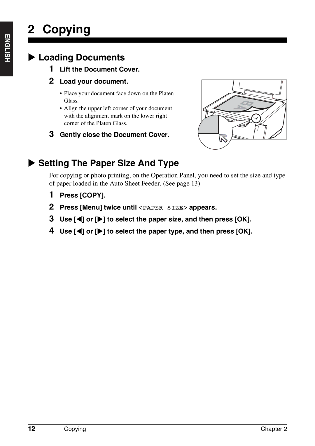 Canon MP130 manual Copying, Loading Documents, Setting The Paper Size And Type, Lift the Document Cover Load your document 