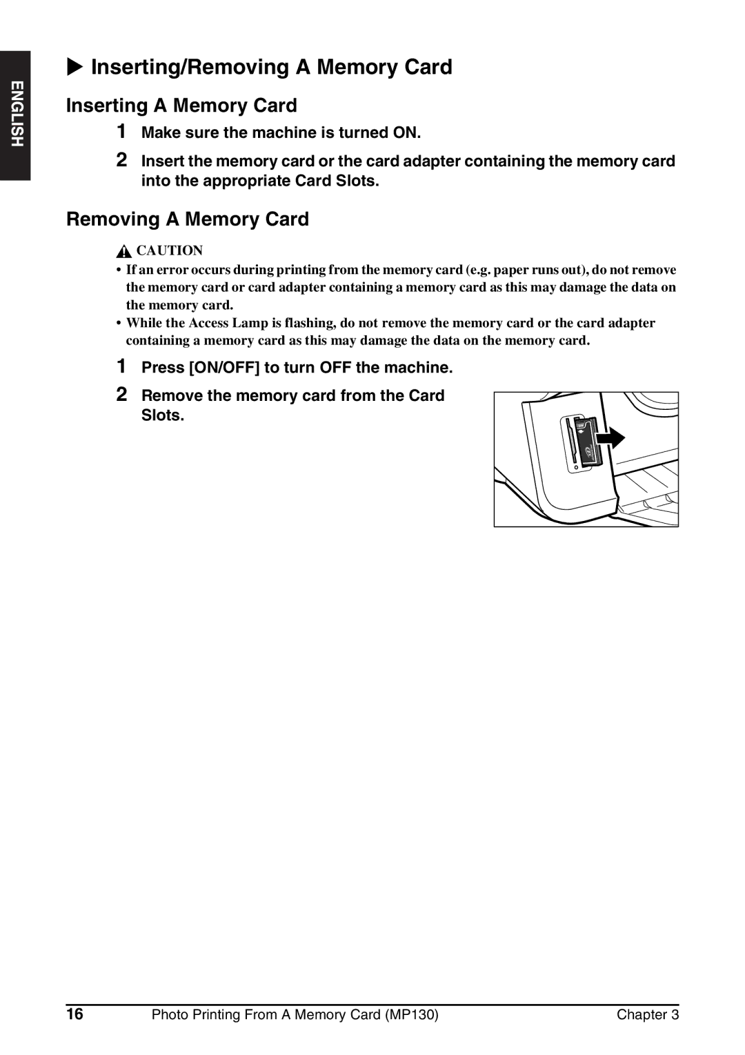 Canon MP130 manual Inserting/Removing a Memory Card, Inserting a Memory Card 