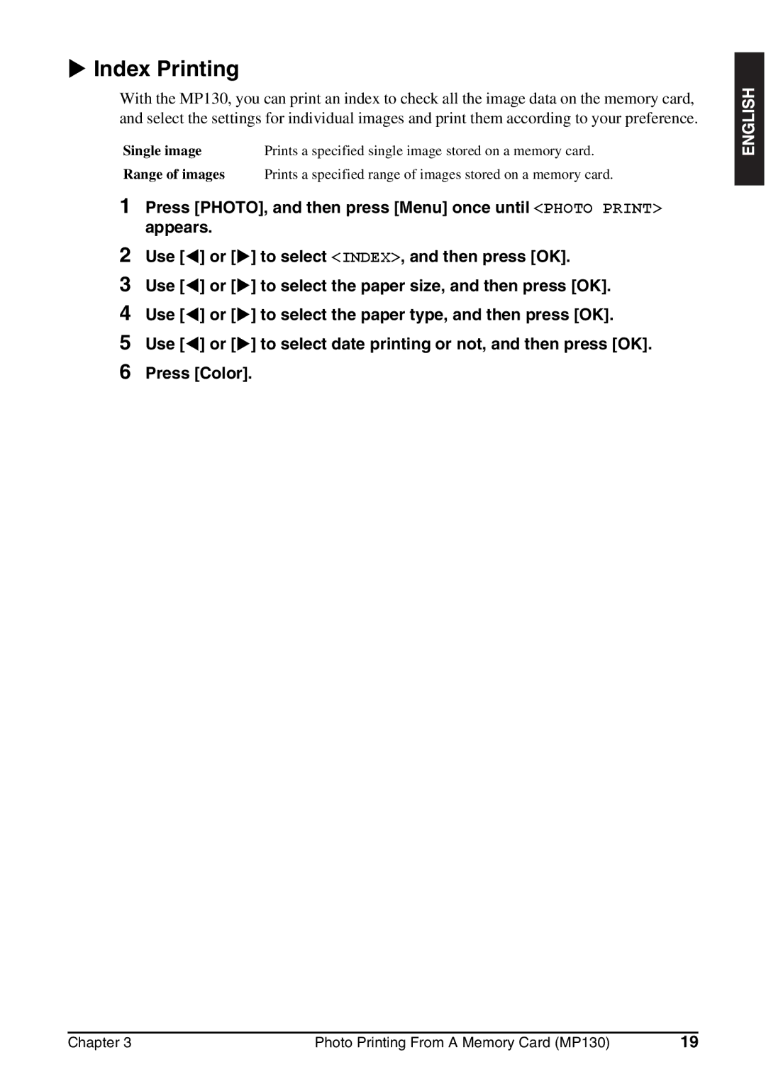 Canon MP130 manual Index Printing, Single image 